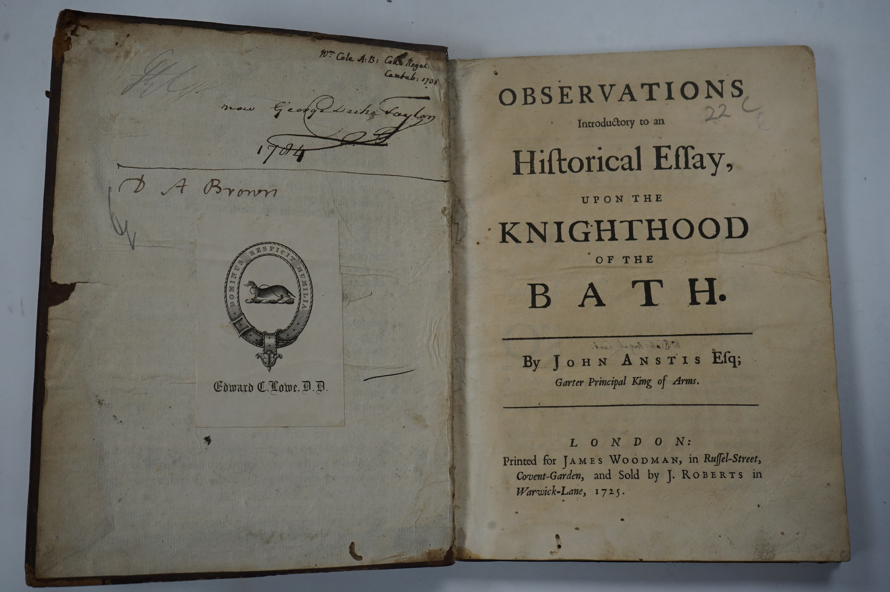 Ashmole, Elias – The history of the most noble Order of the Garter. Wherein is set forth an account of the town, castle, chappel, and college of Windsor; ..., engraved frontis, two plates and table, tan calf, 1715; Ansti